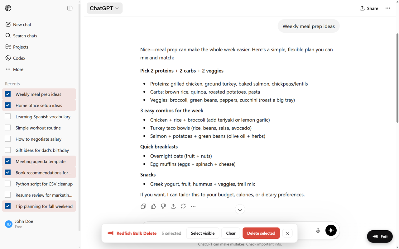 Bulk Delete extension adding checkboxes to the ChatGPT sidebar with 5 chats selected and a Delete selected button ready to click.